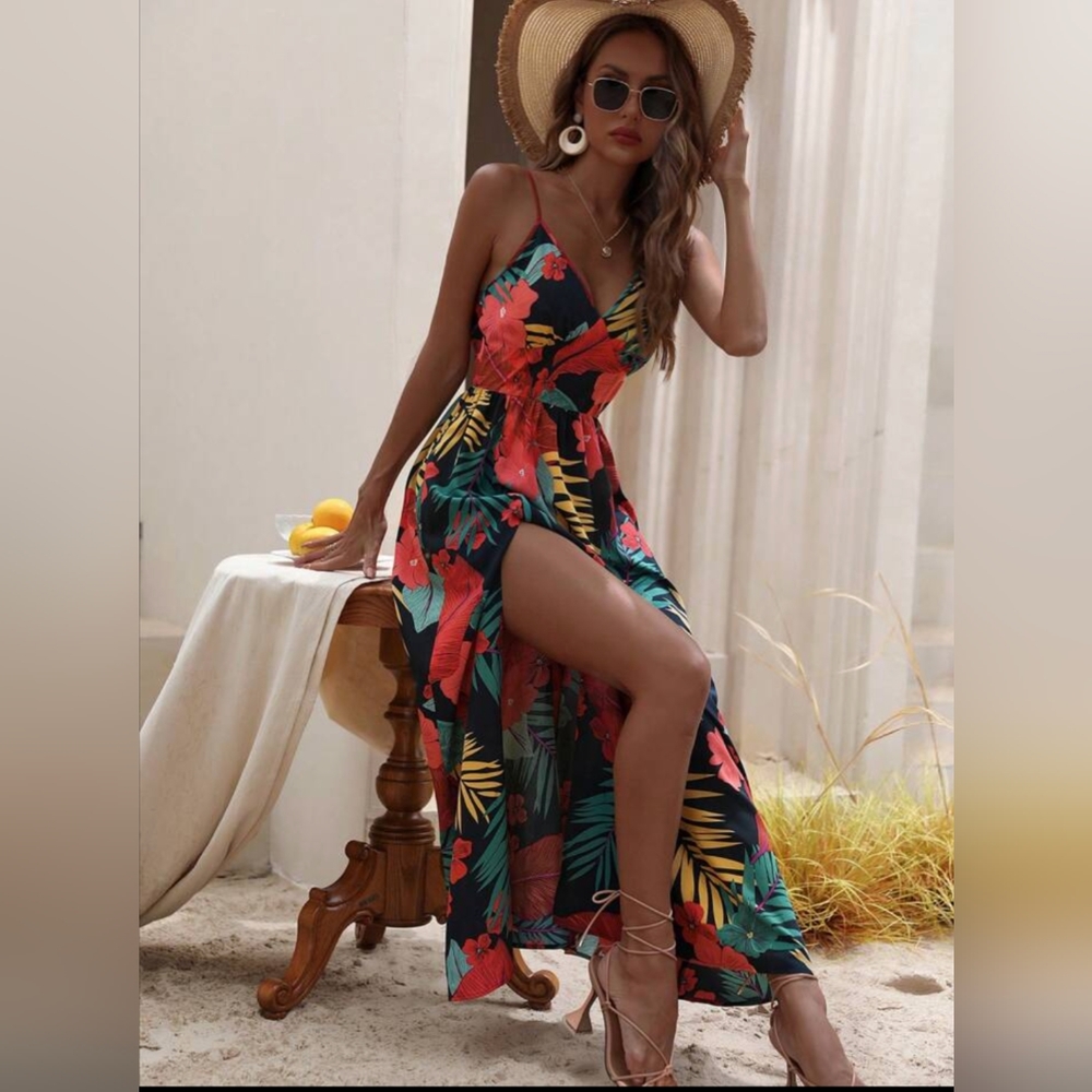 Tropical Print Split Thigh Cami Dress - Picture 3 of 5